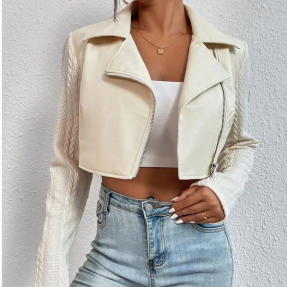 . Jackets & Blazers - Faux leather crop zipper cable knit sweater sleeve jacket